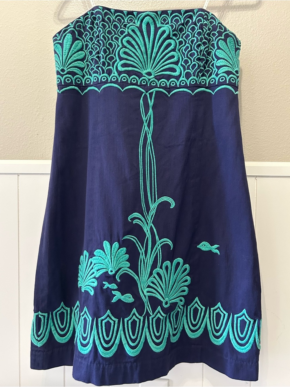 Rare 2010 Lilly Pulitzer Blue Strapless Cotton Dress Turquoise Embroidered